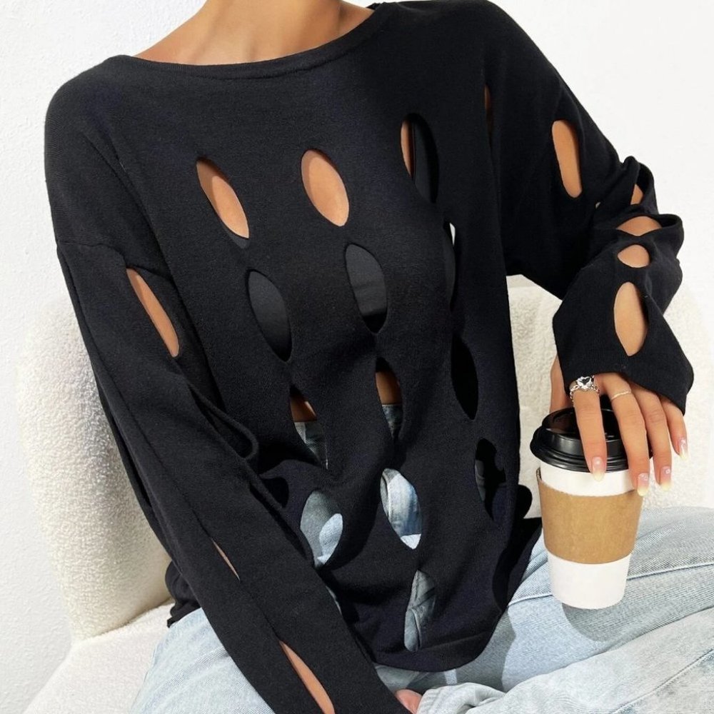 Black Preppy Womens Cut Out Drop Shoulder Sweater - Picture 4 of 5